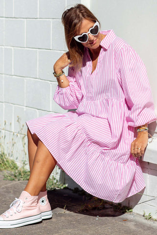 Evie Cotton Striped Dress - Pink