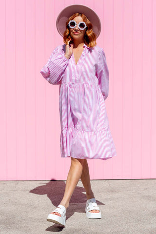 Evie Cotton Striped Dress - Pink