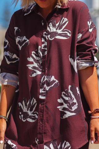 Classic Button Up Shirt - Burgundy Bloom