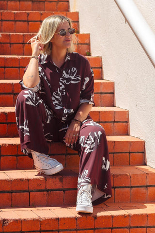 Classic Button Up Shirt - Burgundy Bloom