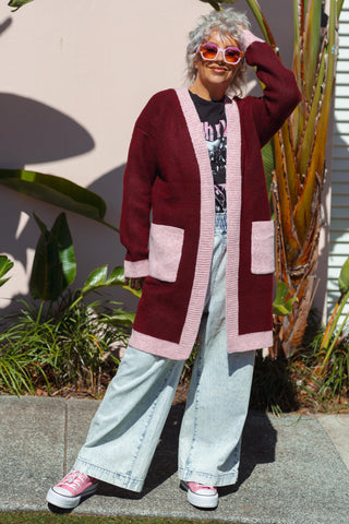 Diced Long Cardi - Rouge