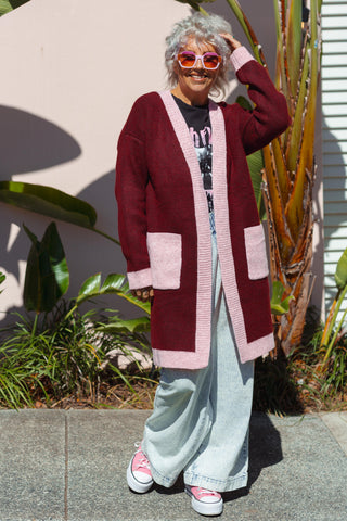 Diced Long Cardi - Rouge
