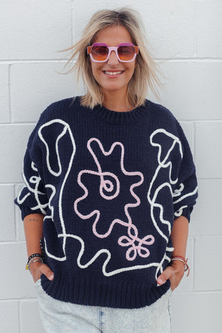 Flower Sketch Knit - Navy