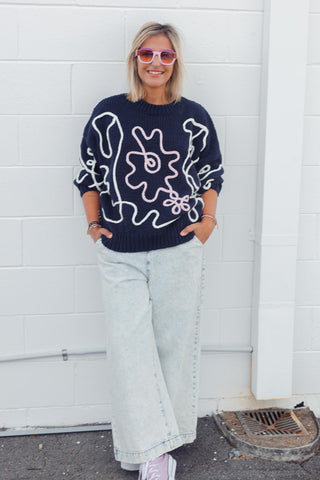 Flower Sketch Knit - Navy