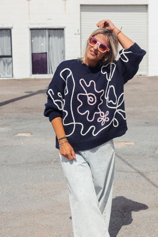 Flower Sketch Knit - Navy