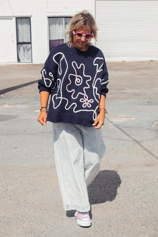 Flower Sketch Knit - Navy