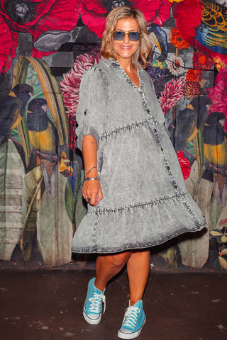 Street Denim Dress - Acid Wash Charcoal