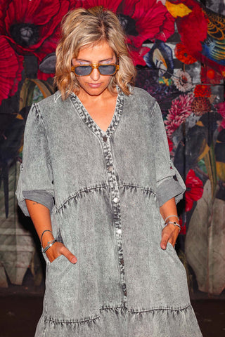 Street Denim Dress - Acid Wash Charcoal