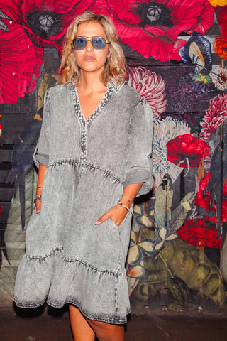 Street Denim Dress - Acid Wash Charcoal